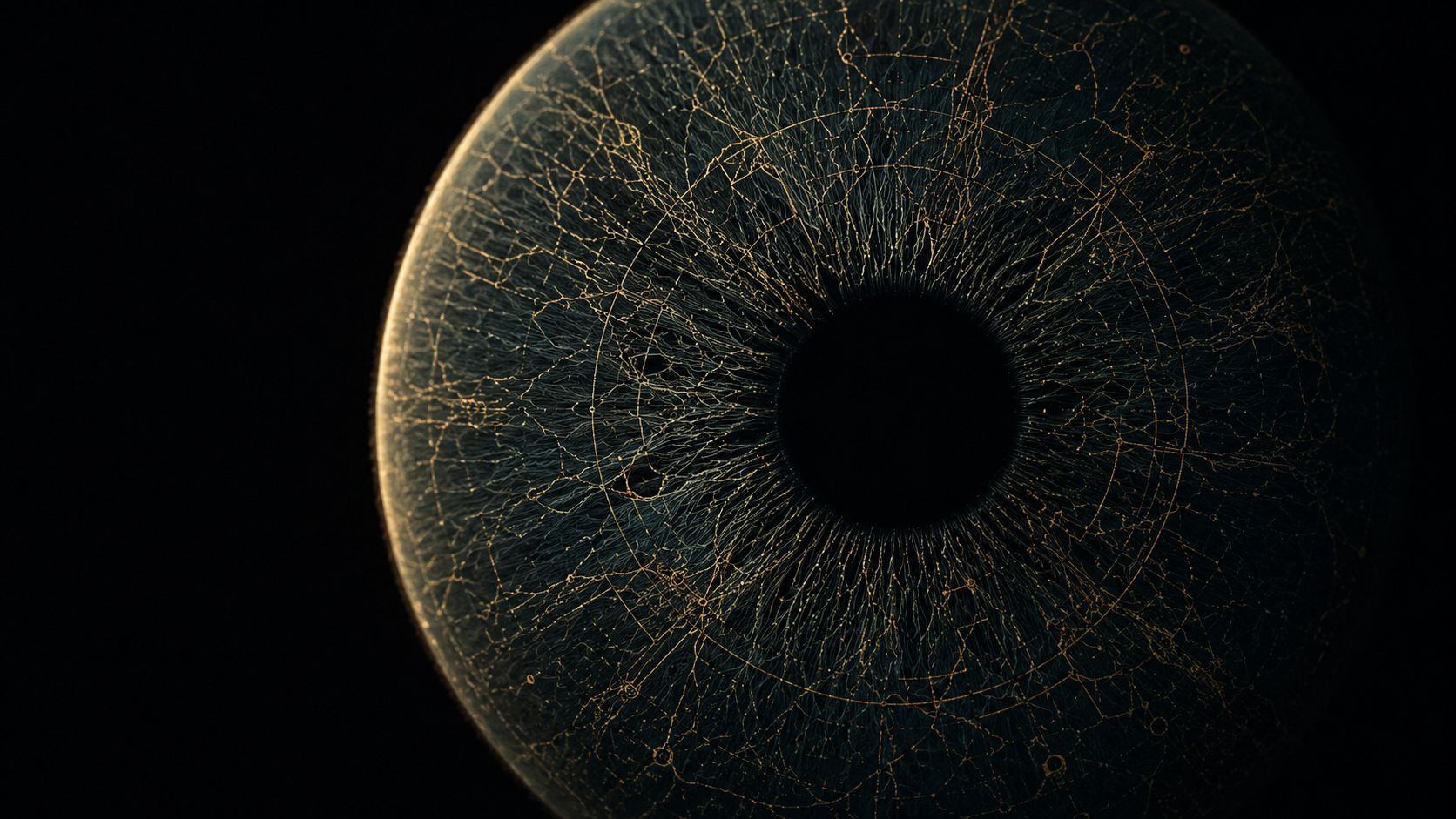 Macro dell'iride umana, reticolo dorato su fondo nero