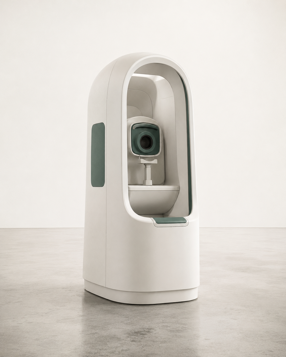 Stazione diagnostica Eye.Lib in spazio architettonico bianco, oggetto di design clinico