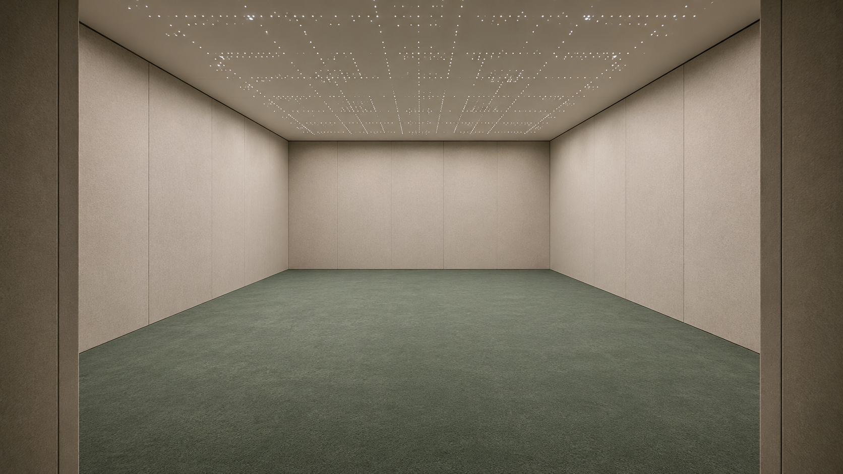 Sala sensoriale VIZO vuota, soffitto a costellazione LED, pavimento salvia